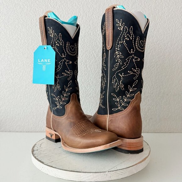 Lane BRIDLEWOOD Womens Square Toe Cowboy Boots Brown Navy Western Size 9 - Picture 12 of 16